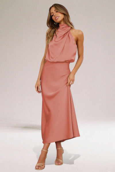 Robe Satinée Élégante avec Décolleté Halter pour Femmes