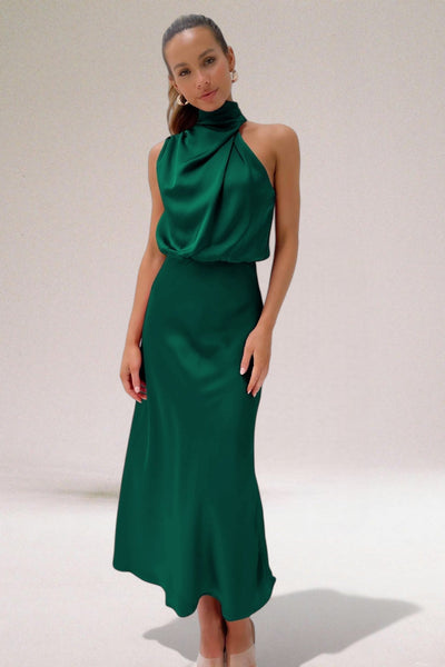 Robe Satinée Élégante avec Décolleté Halter pour Femmes