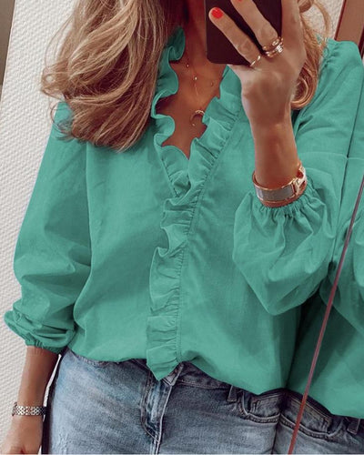 Blouse femme à volants et col V en polyester