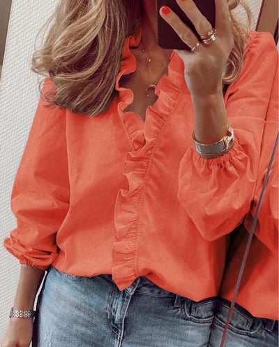 Blouse femme à volants et col V en polyester
